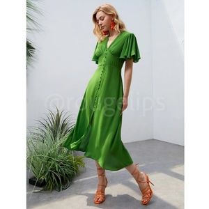Green V-Neck Midi Dress Fit and Flare Butterfly Sleeve Faux Button Front